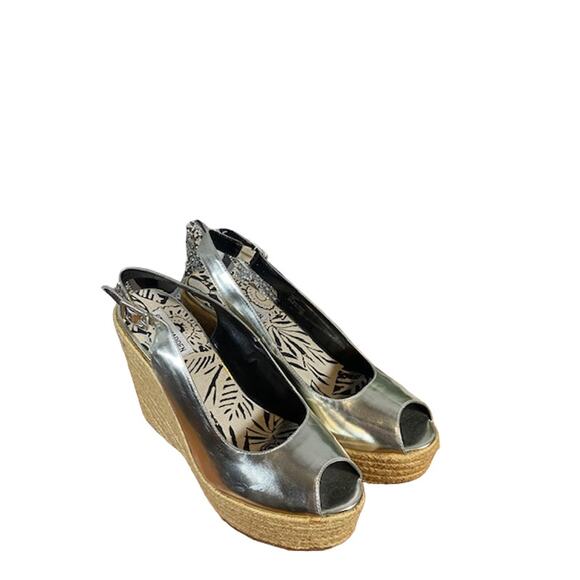 Steve Madden Metallic Silver Open Toe Ankle Strap Espadrille Wedges Women Sz 10 - Picture 1 of 12